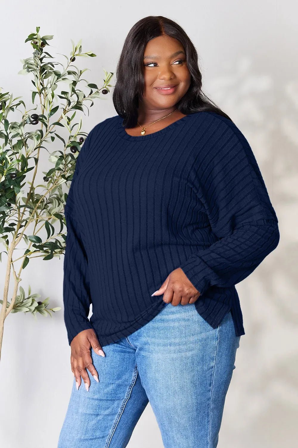 Basic Bae Full Size Ribbed Round Neck Slit Knit Top - The Coin Has A Say