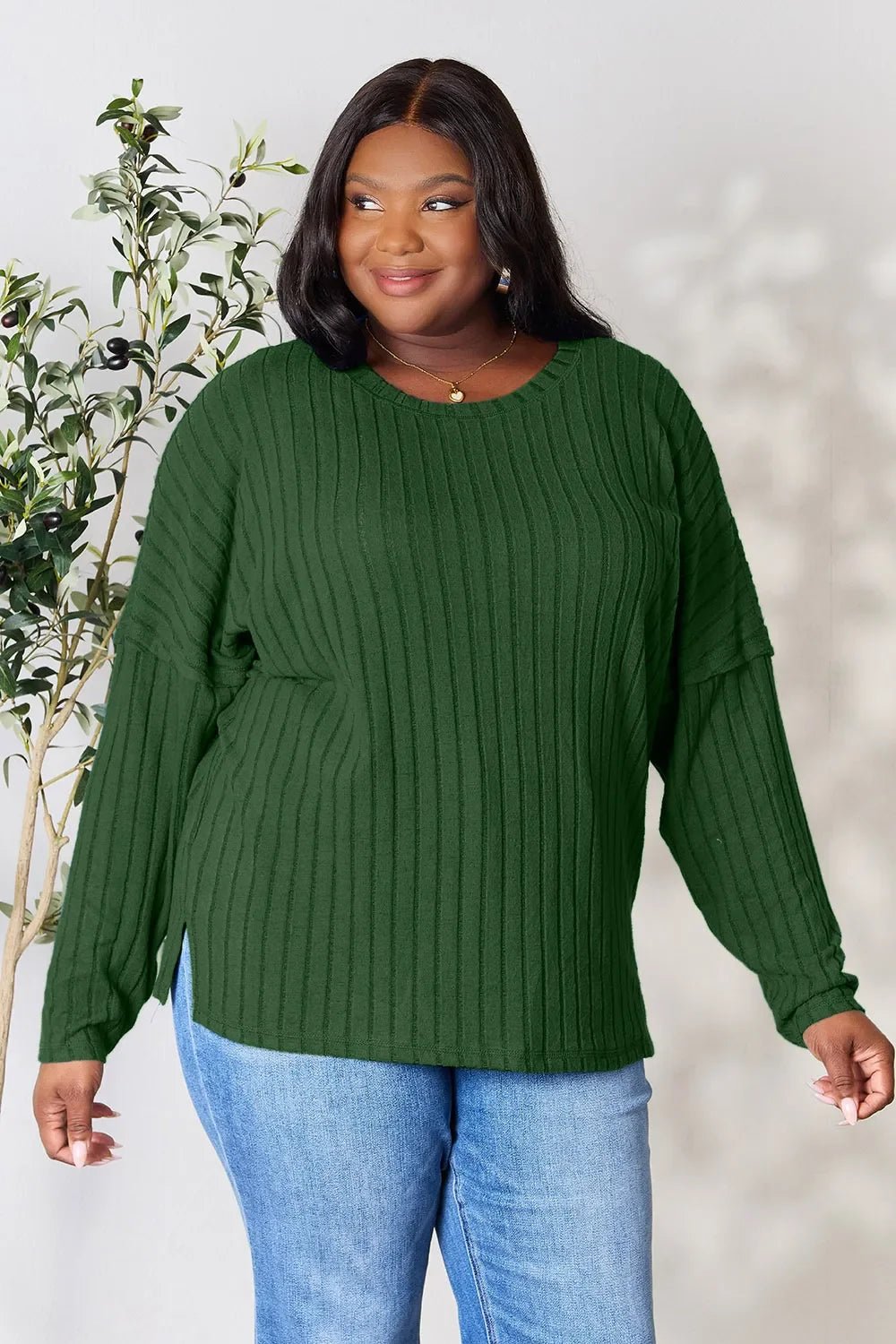 Basic Bae Full Size Ribbed Round Neck Slit Knit Top - The Coin Has A Say