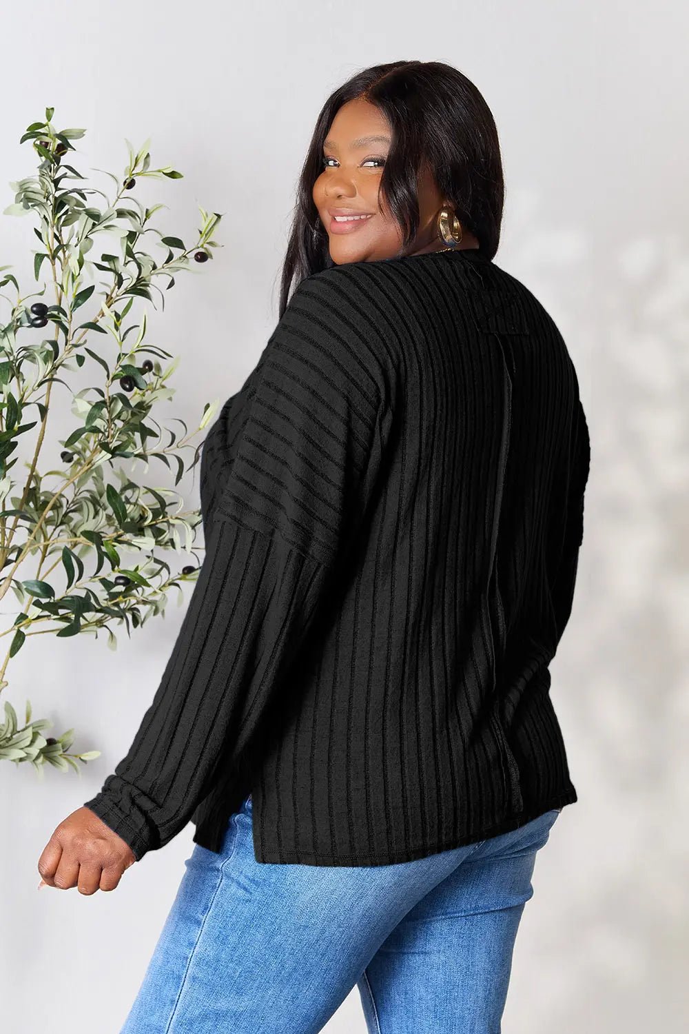 Basic Bae Full Size Ribbed Round Neck Slit Knit Top - The Coin Has A Say