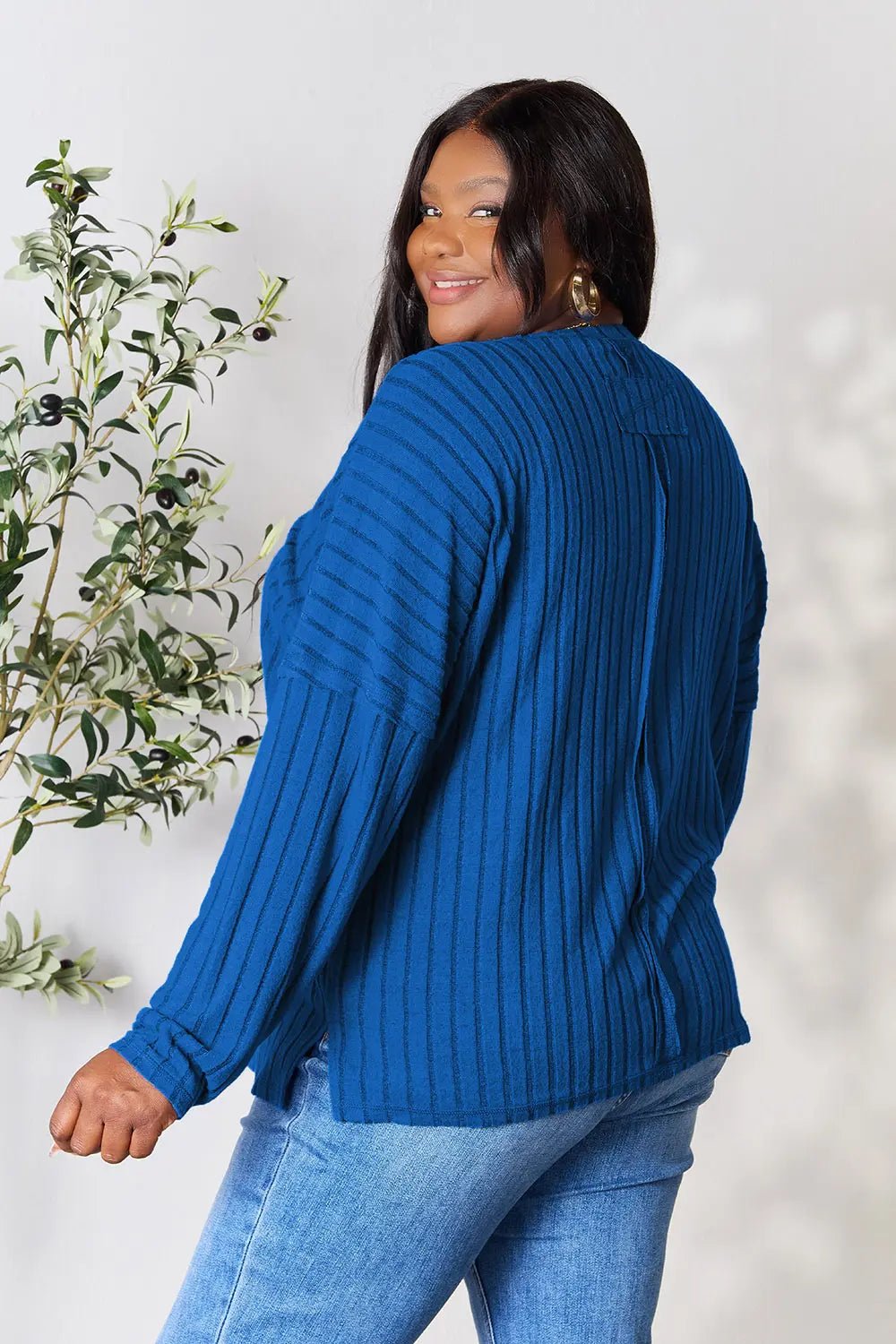 Basic Bae Full Size Ribbed Round Neck Slit Knit Top - The Coin Has A Say