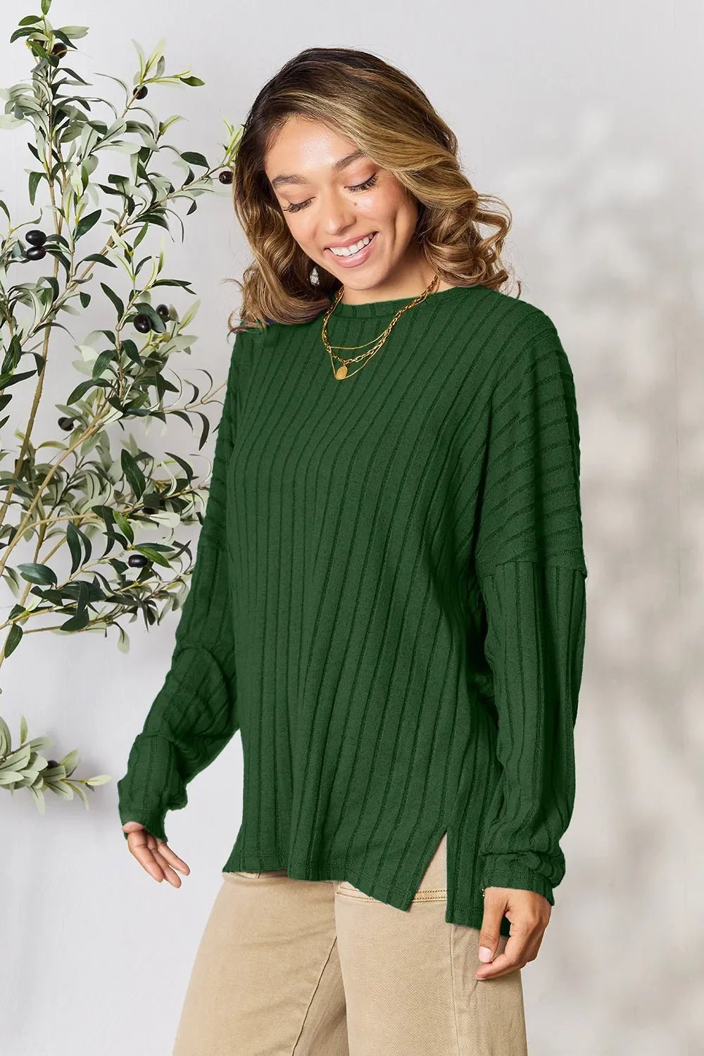 Basic Bae Full Size Ribbed Round Neck Slit Knit Top - The Coin Has A Say