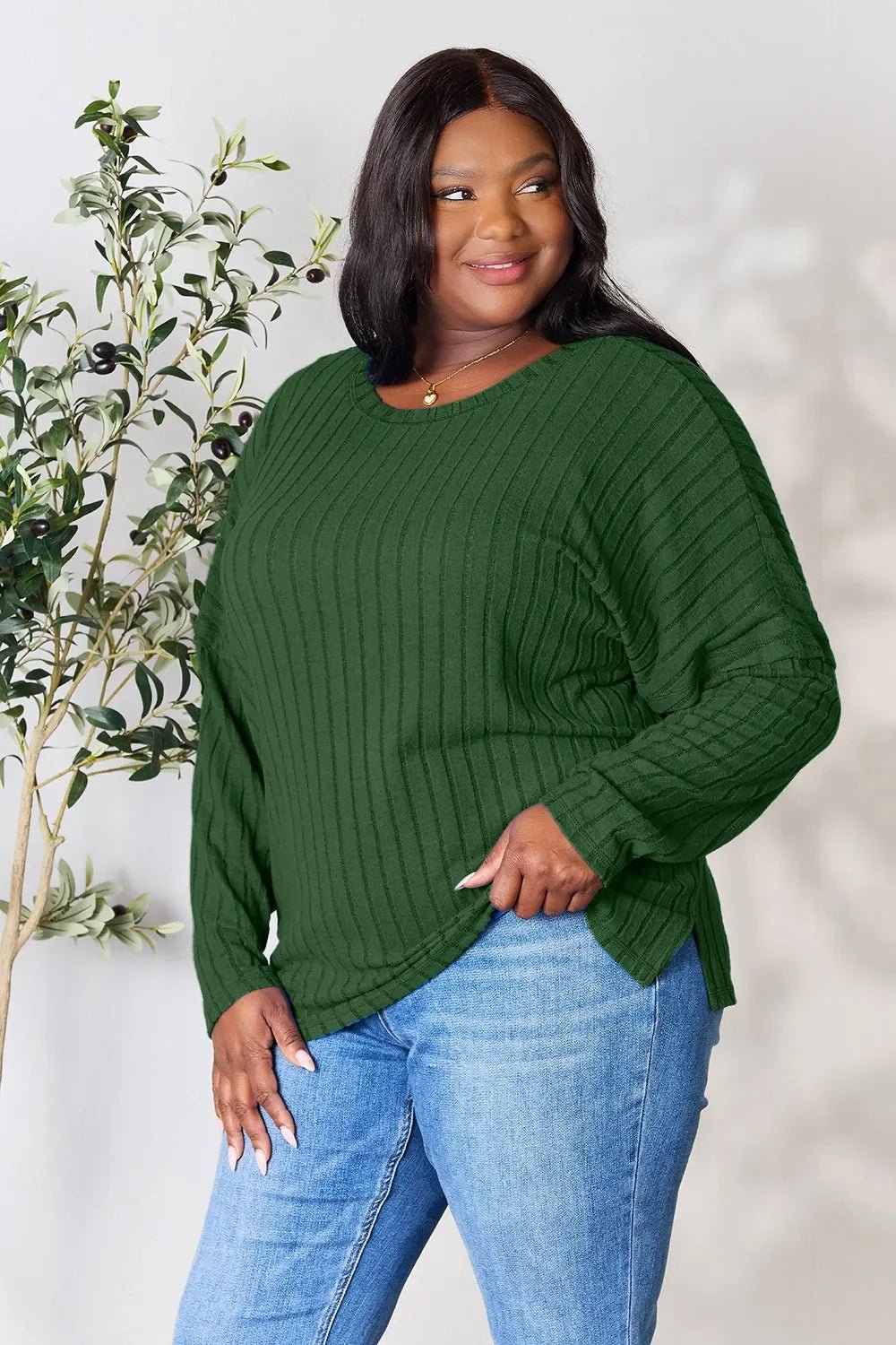 Basic Bae Full Size Ribbed Round Neck Slit Knit Top - The Coin Has A Say