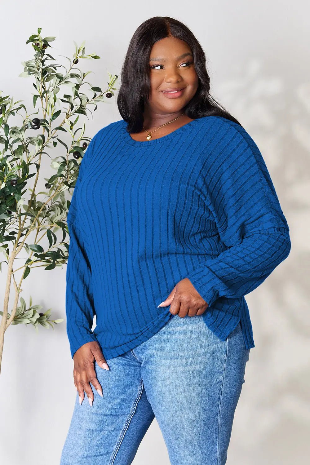 Basic Bae Full Size Ribbed Round Neck Slit Knit Top - The Coin Has A Say