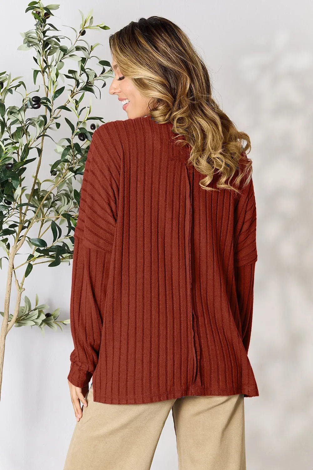 Basic Bae Full Size Ribbed Round Neck Slit Knit Top - The Coin Has A Say