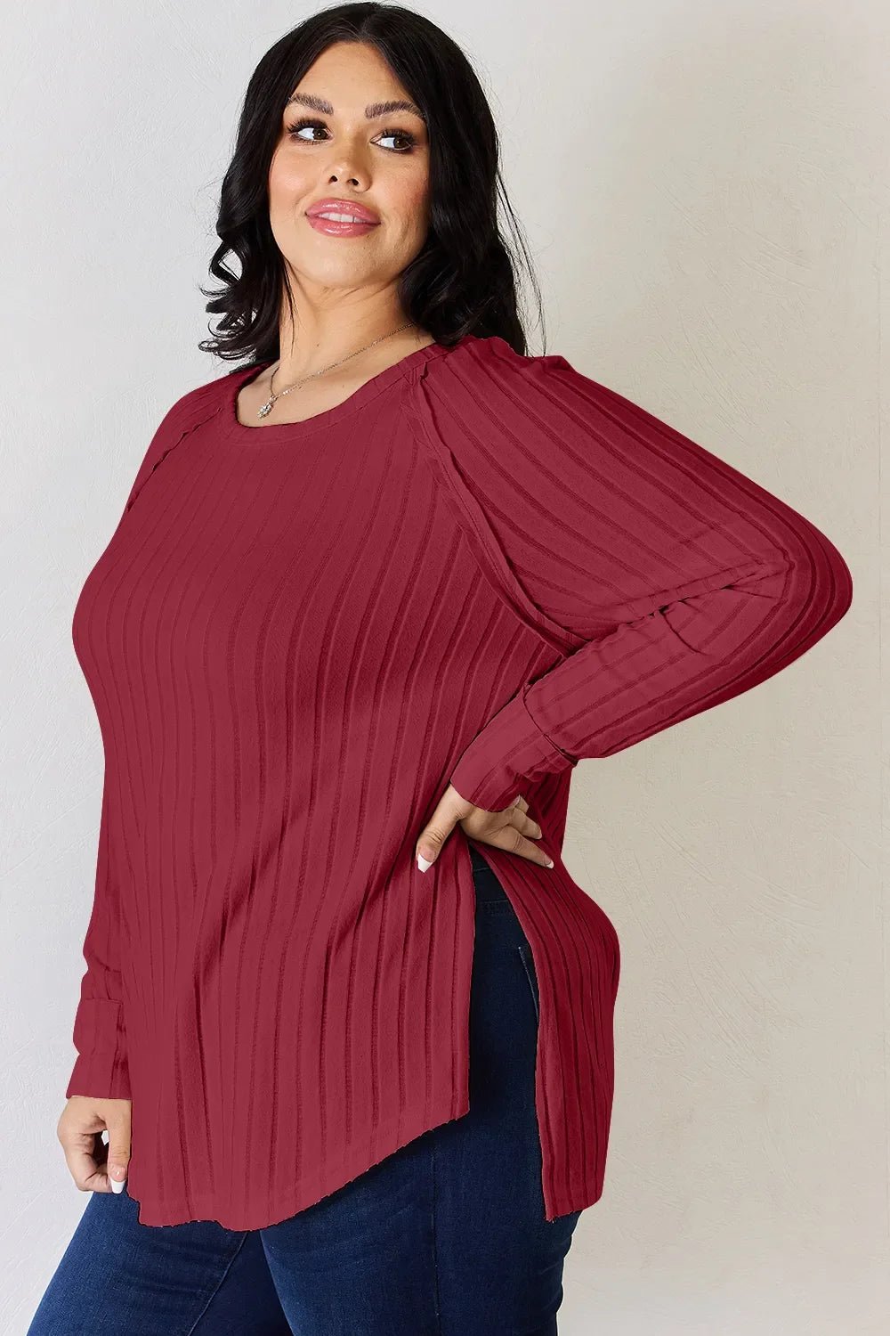 Basic Bae Full Size Ribbed Round Neck Slit T-Shirt - The Coin Has A Say