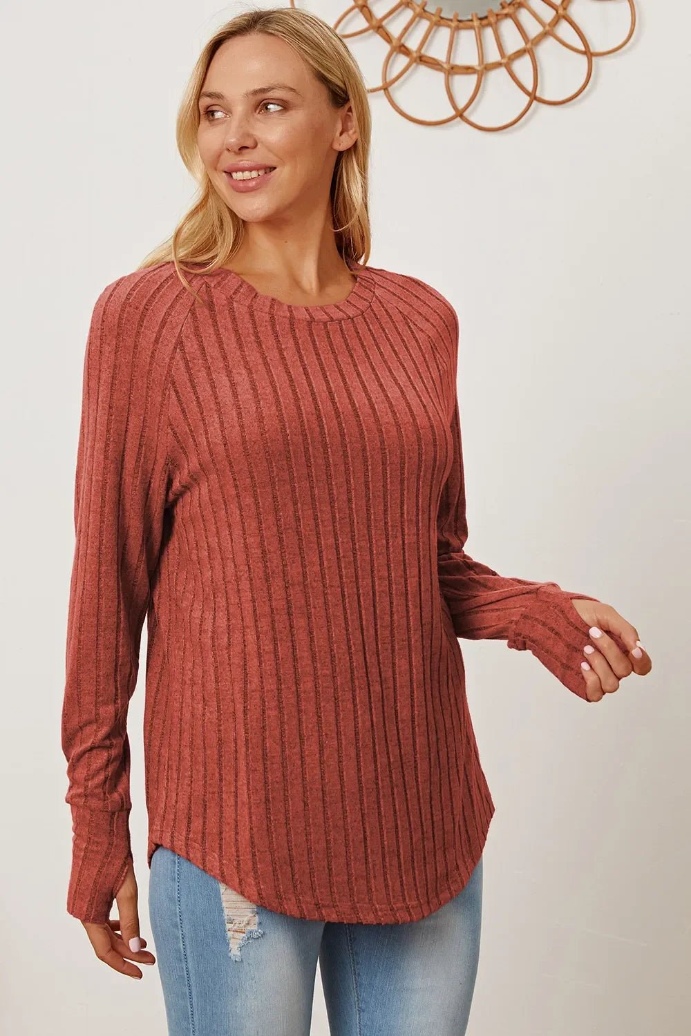 Basic Bae Full Size Ribbed Thumbhole Sleeve T-Shirt - The Coin Has A Say