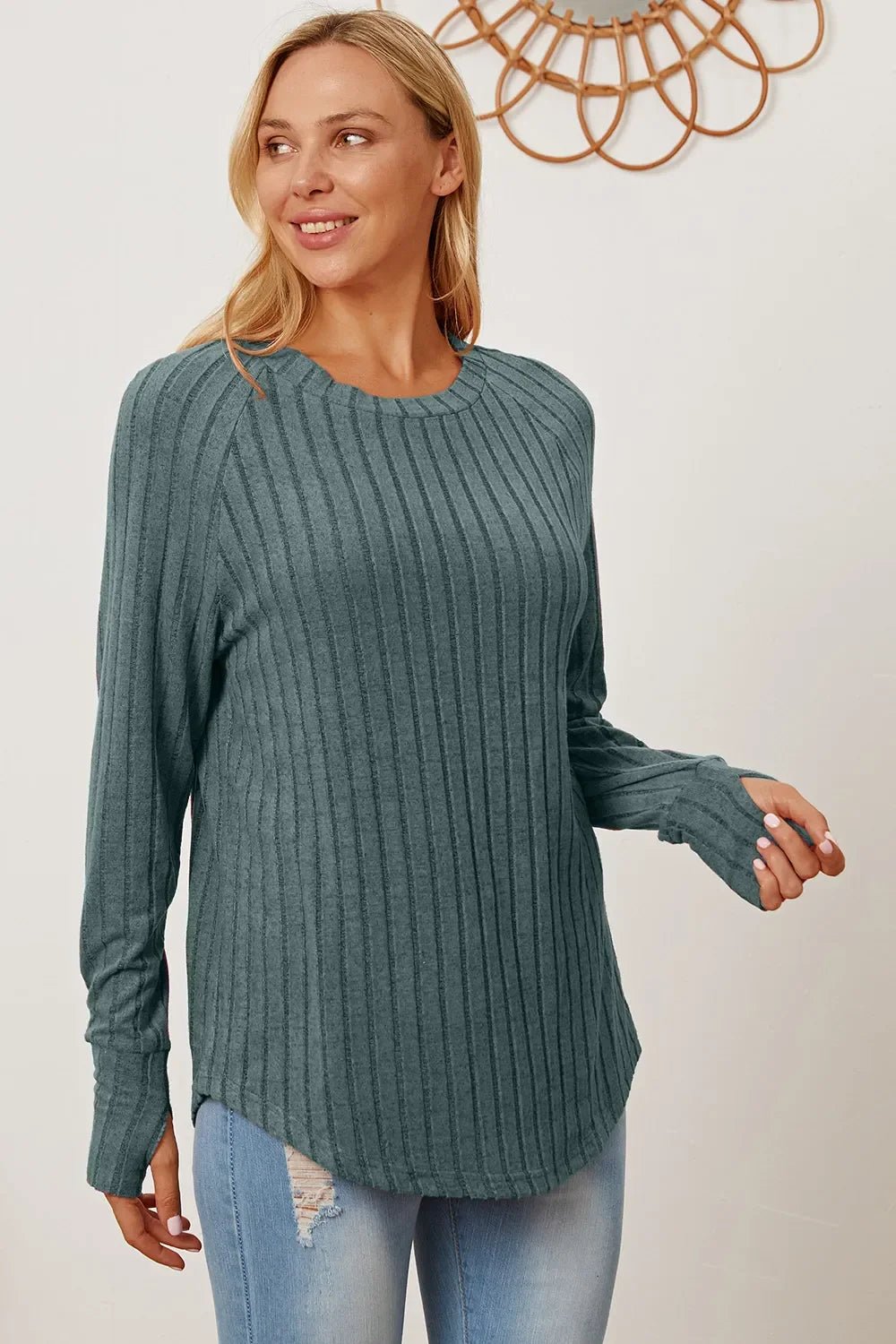 Basic Bae Full Size Ribbed Thumbhole Sleeve T-Shirt - The Coin Has A Say