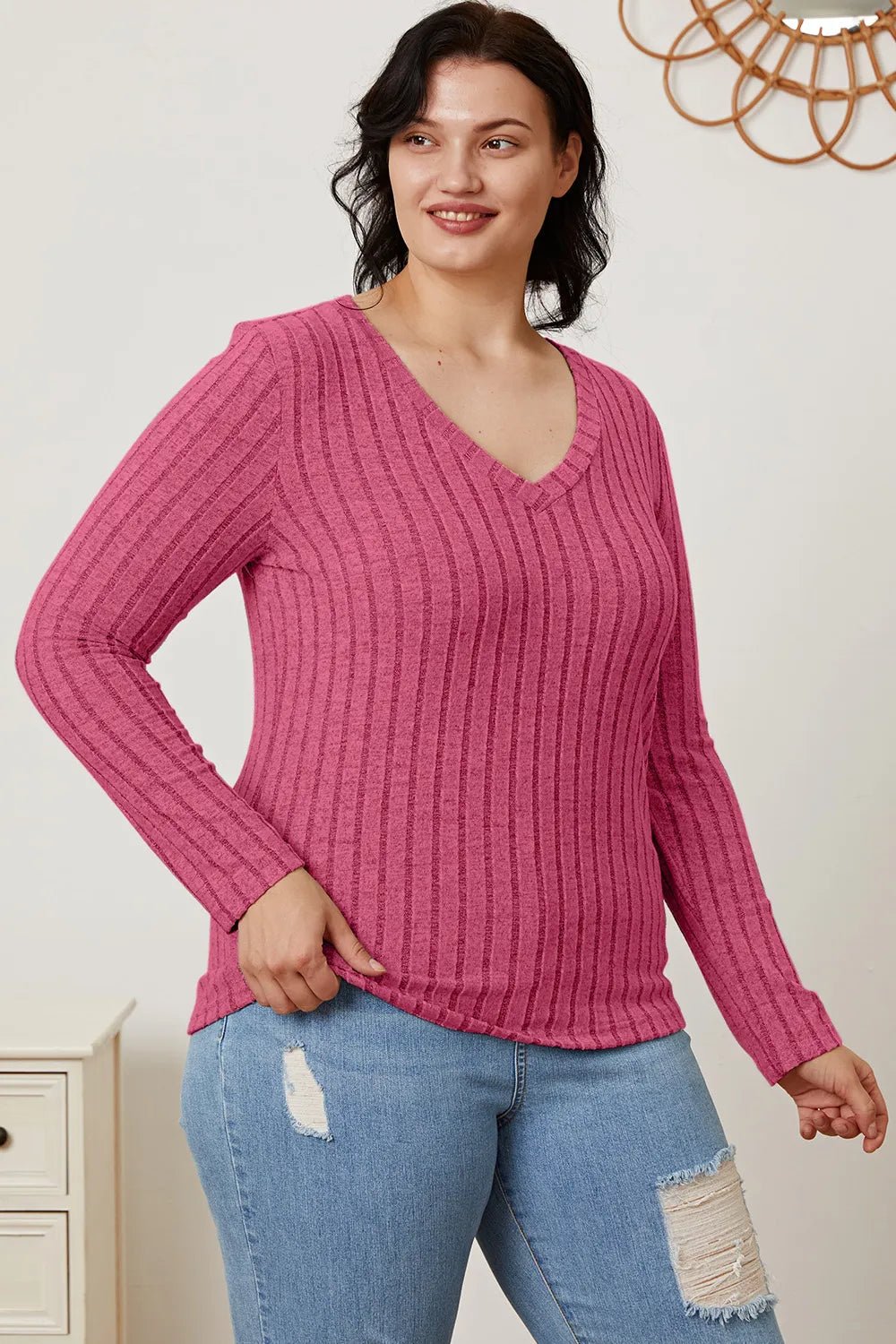 Basic Bae Full Size Ribbed V-Neck Long Sleeve T-Shirt - The Coin Has A Say