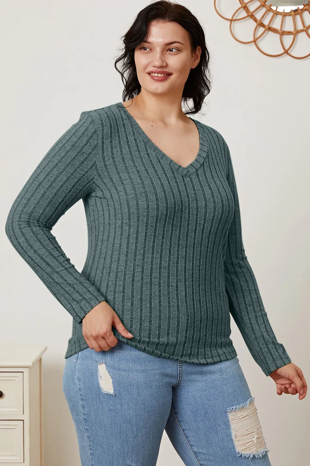Basic Bae Full Size Ribbed V-Neck Long Sleeve T-Shirt - The Coin Has A Say