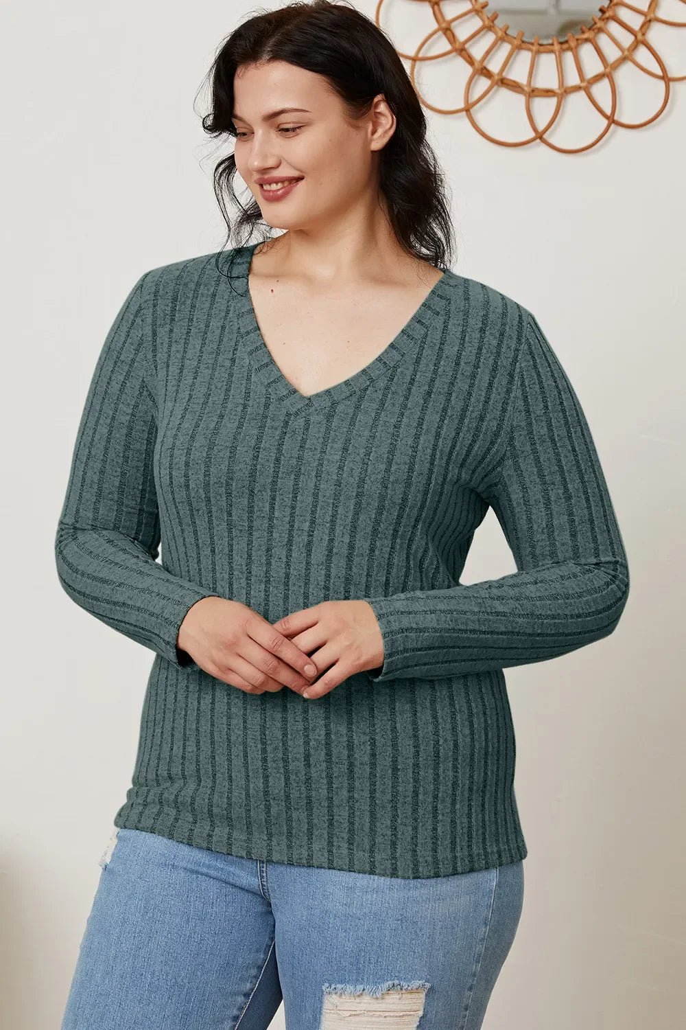 Basic Bae Full Size Ribbed V-Neck Long Sleeve T-Shirt - The Coin Has A Say