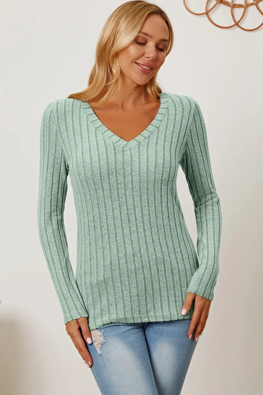 Basic Bae Full Size Ribbed V-Neck Long Sleeve T-Shirt - The Coin Has A Say