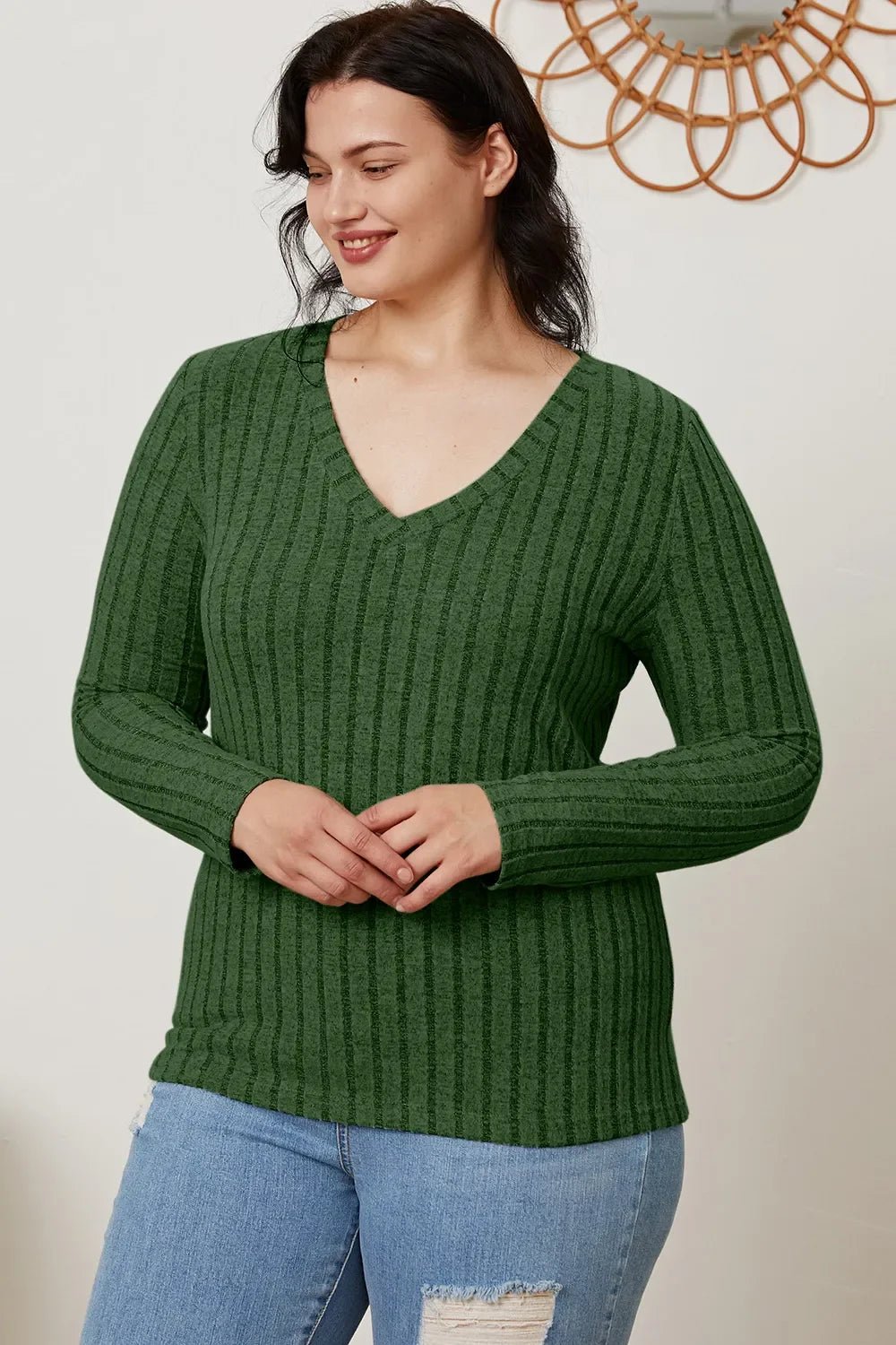 Basic Bae Full Size Ribbed V-Neck Long Sleeve T-Shirt - The Coin Has A Say