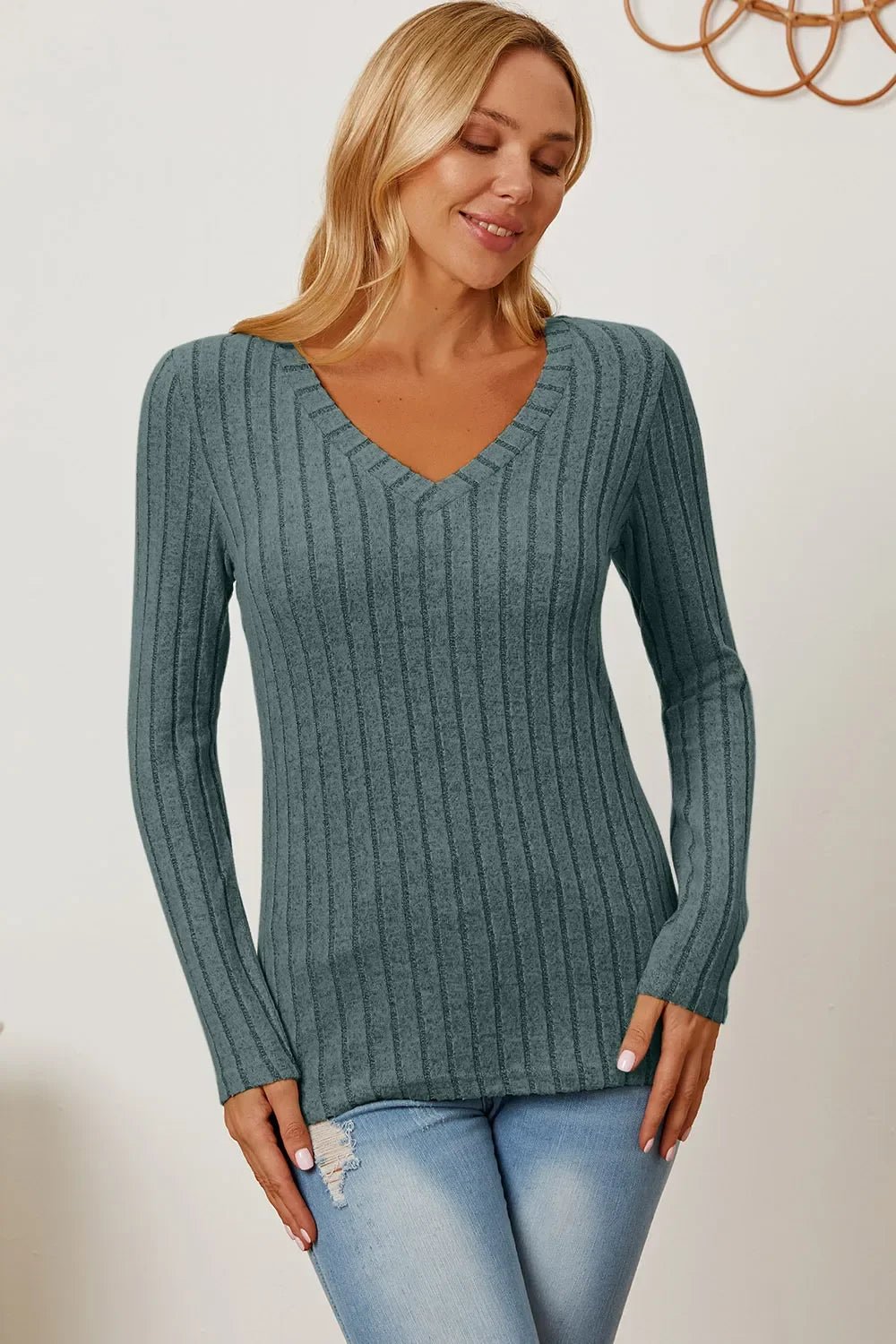 Basic Bae Full Size Ribbed V-Neck Long Sleeve T-Shirt - The Coin Has A Say