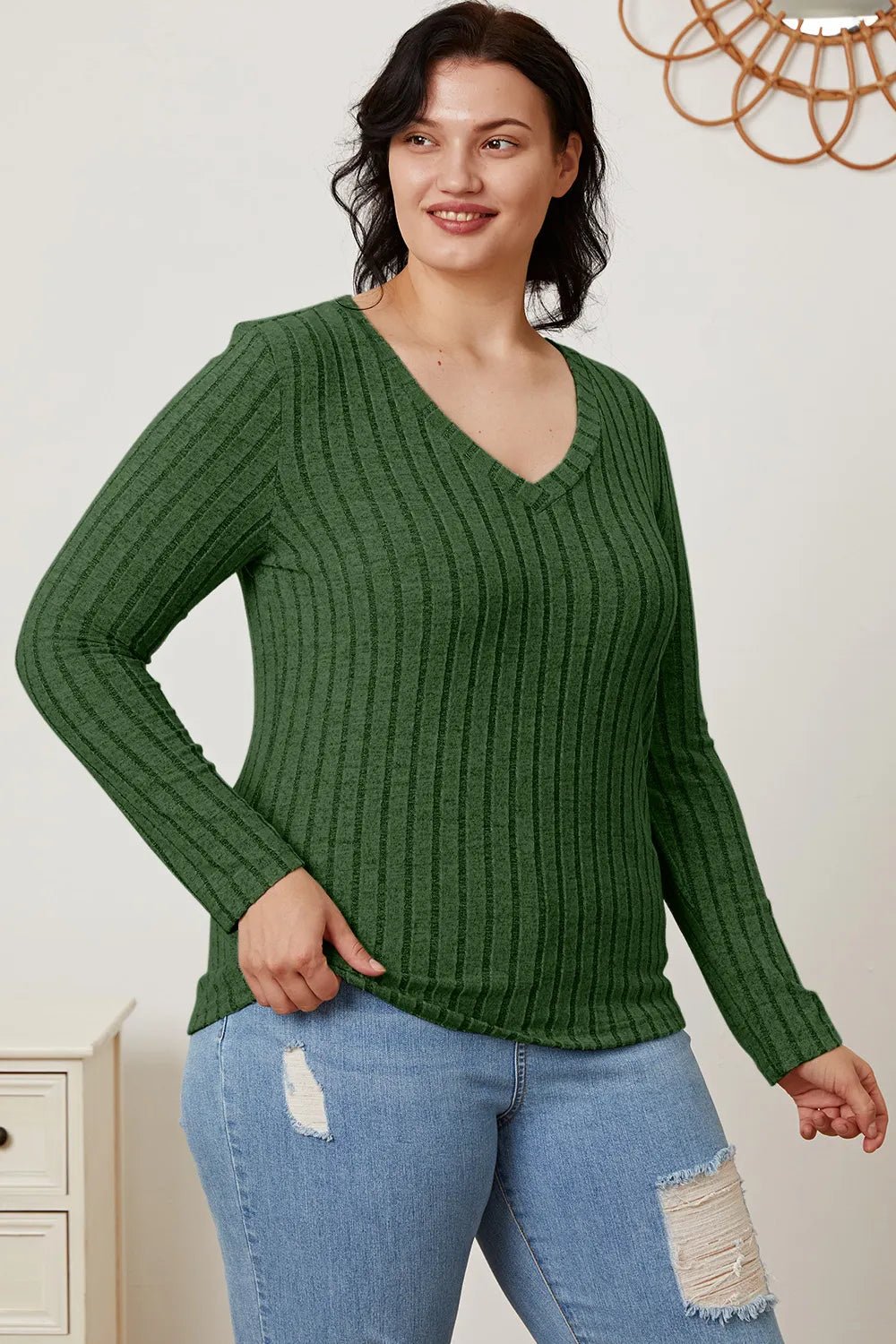 Basic Bae Full Size Ribbed V-Neck Long Sleeve T-Shirt - The Coin Has A Say