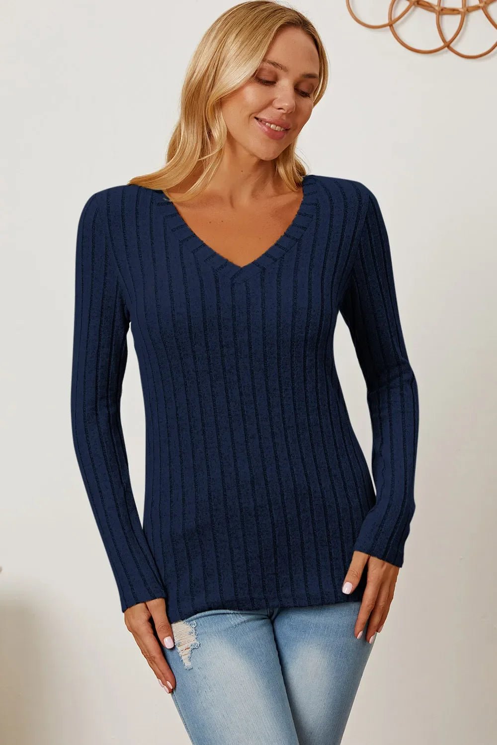 Basic Bae Full Size Ribbed V-Neck Long Sleeve T-Shirt - The Coin Has A Say