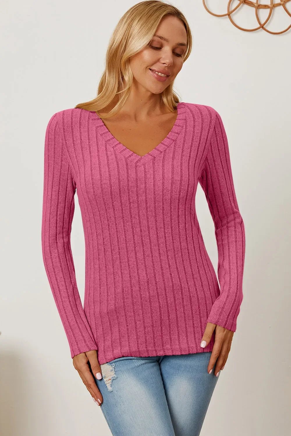 Basic Bae Full Size Ribbed V-Neck Long Sleeve T-Shirt - The Coin Has A Say