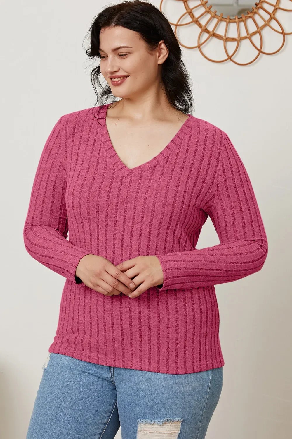 Basic Bae Full Size Ribbed V-Neck Long Sleeve T-Shirt - The Coin Has A Say