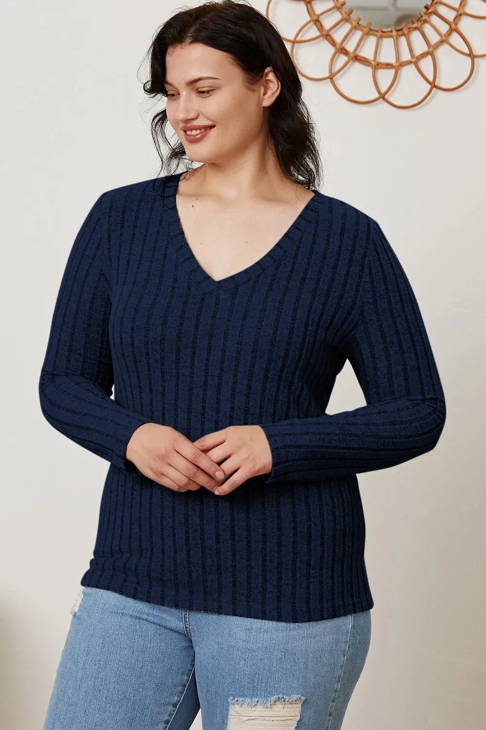 Basic Bae Full Size Ribbed V-Neck Long Sleeve T-Shirt - The Coin Has A Say