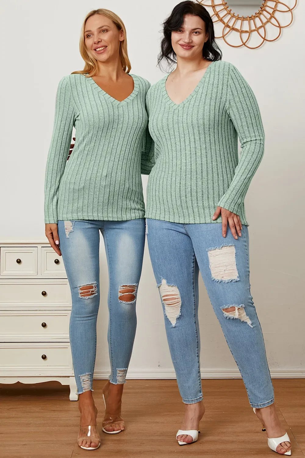 Basic Bae Full Size Ribbed V-Neck Long Sleeve T-Shirt - The Coin Has A Say