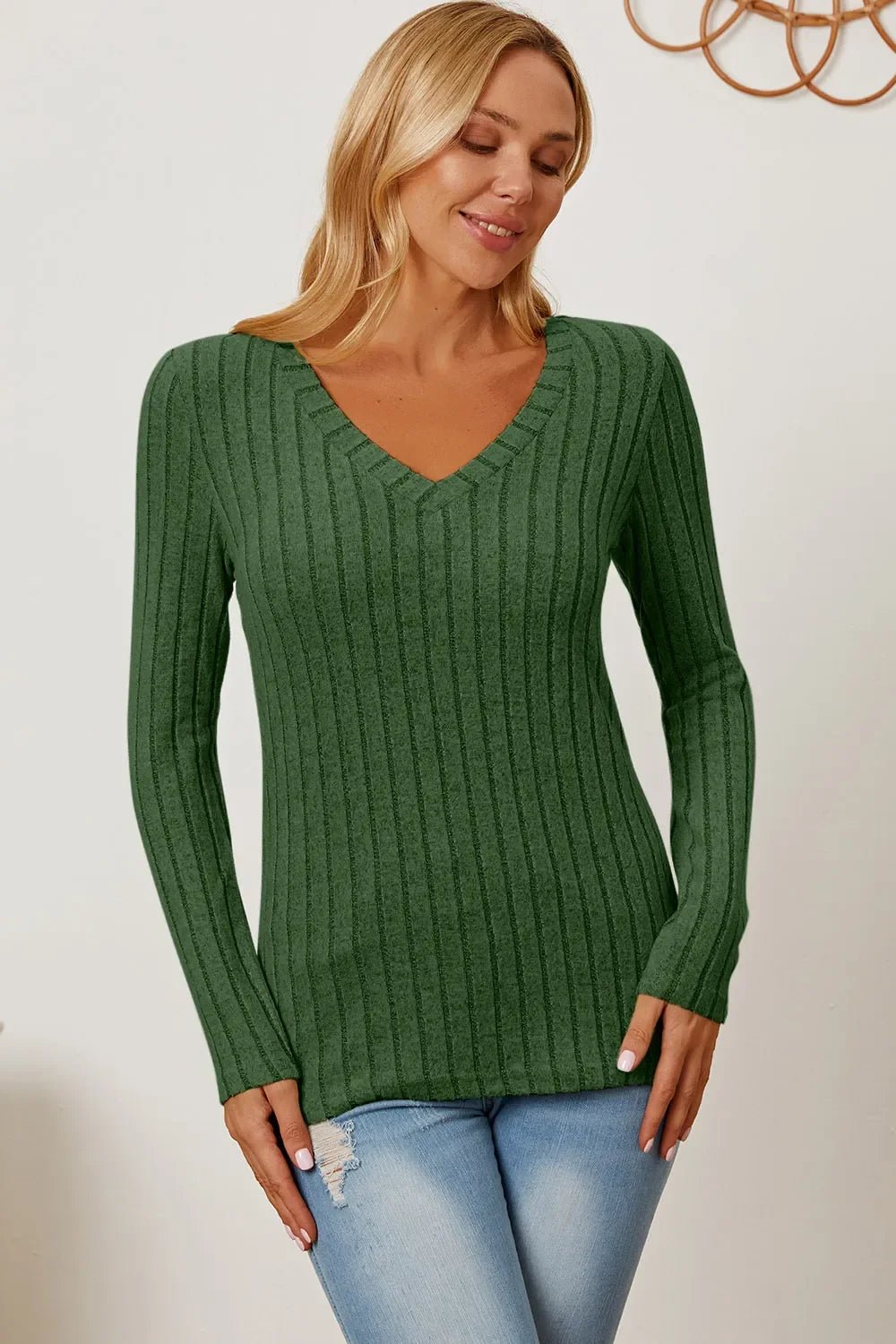 Basic Bae Full Size Ribbed V-Neck Long Sleeve T-Shirt - The Coin Has A Say