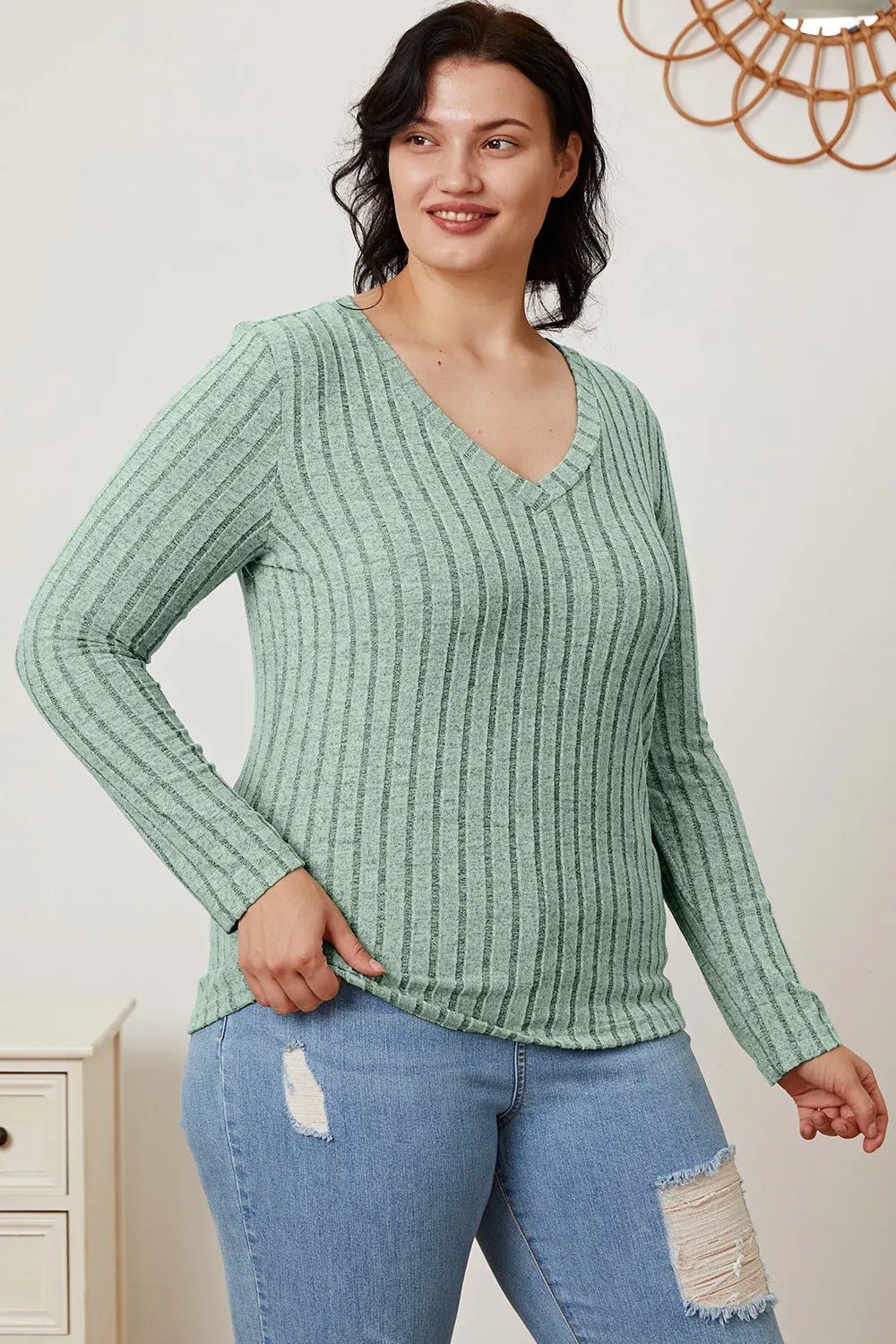 Basic Bae Full Size Ribbed V-Neck Long Sleeve T-Shirt - The Coin Has A Say