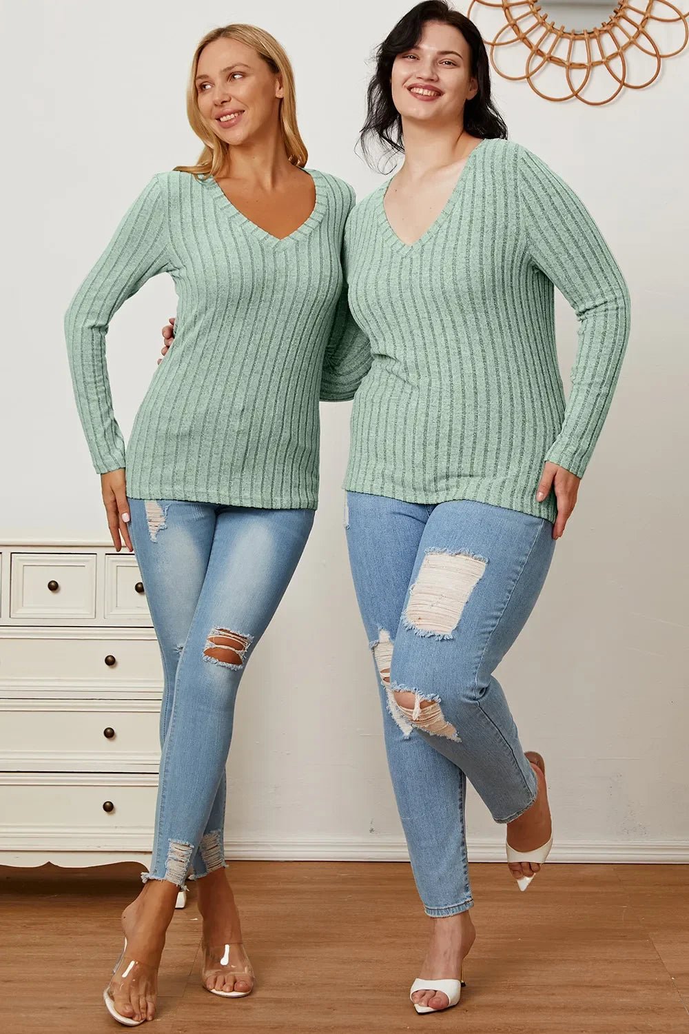 Basic Bae Full Size Ribbed V-Neck Long Sleeve T-Shirt - The Coin Has A Say