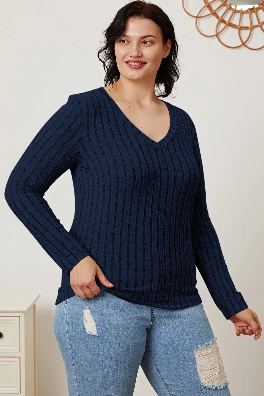 Basic Bae Full Size Ribbed V-Neck Long Sleeve T-Shirt - The Coin Has A Say