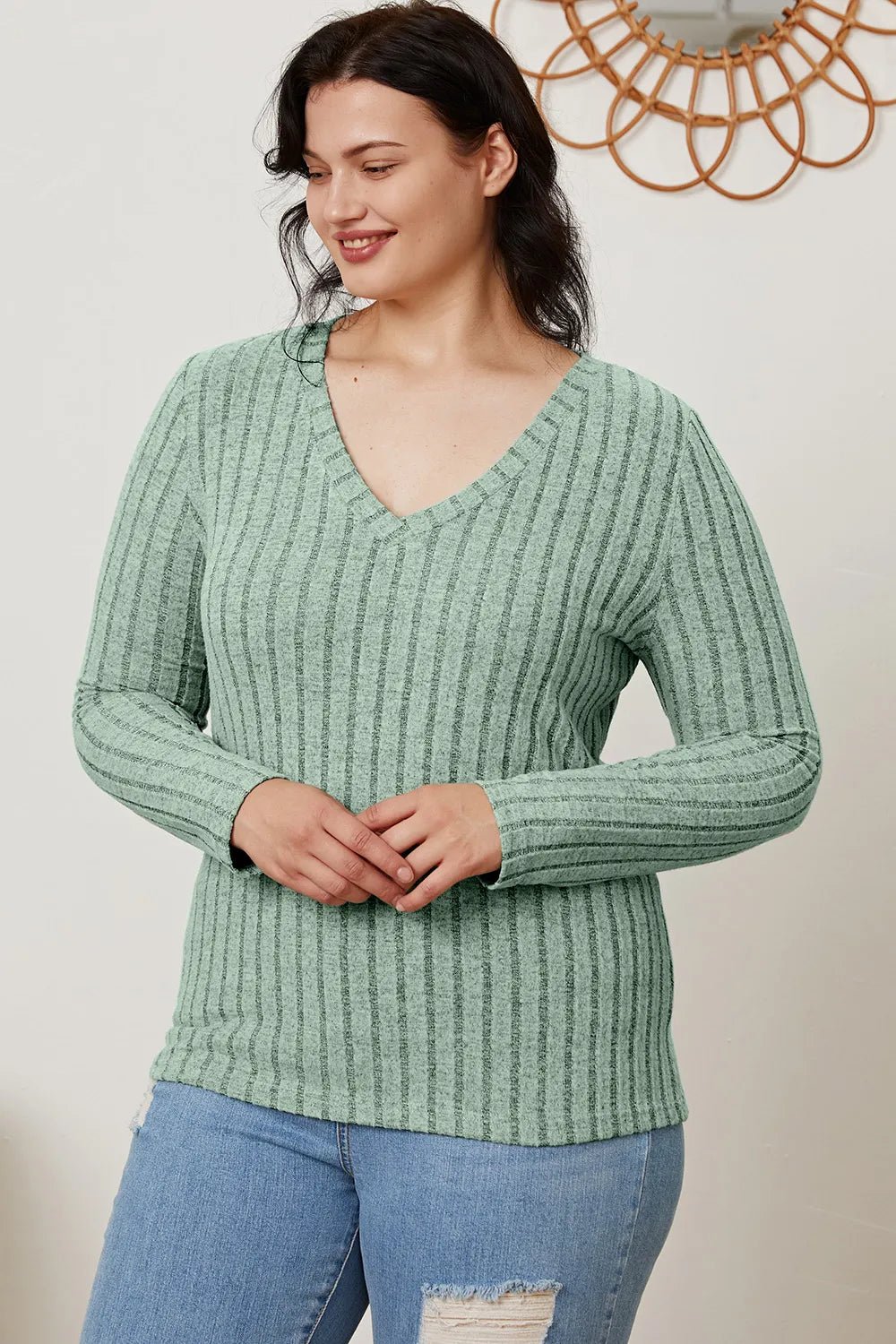 Basic Bae Full Size Ribbed V-Neck Long Sleeve T-Shirt - The Coin Has A Say