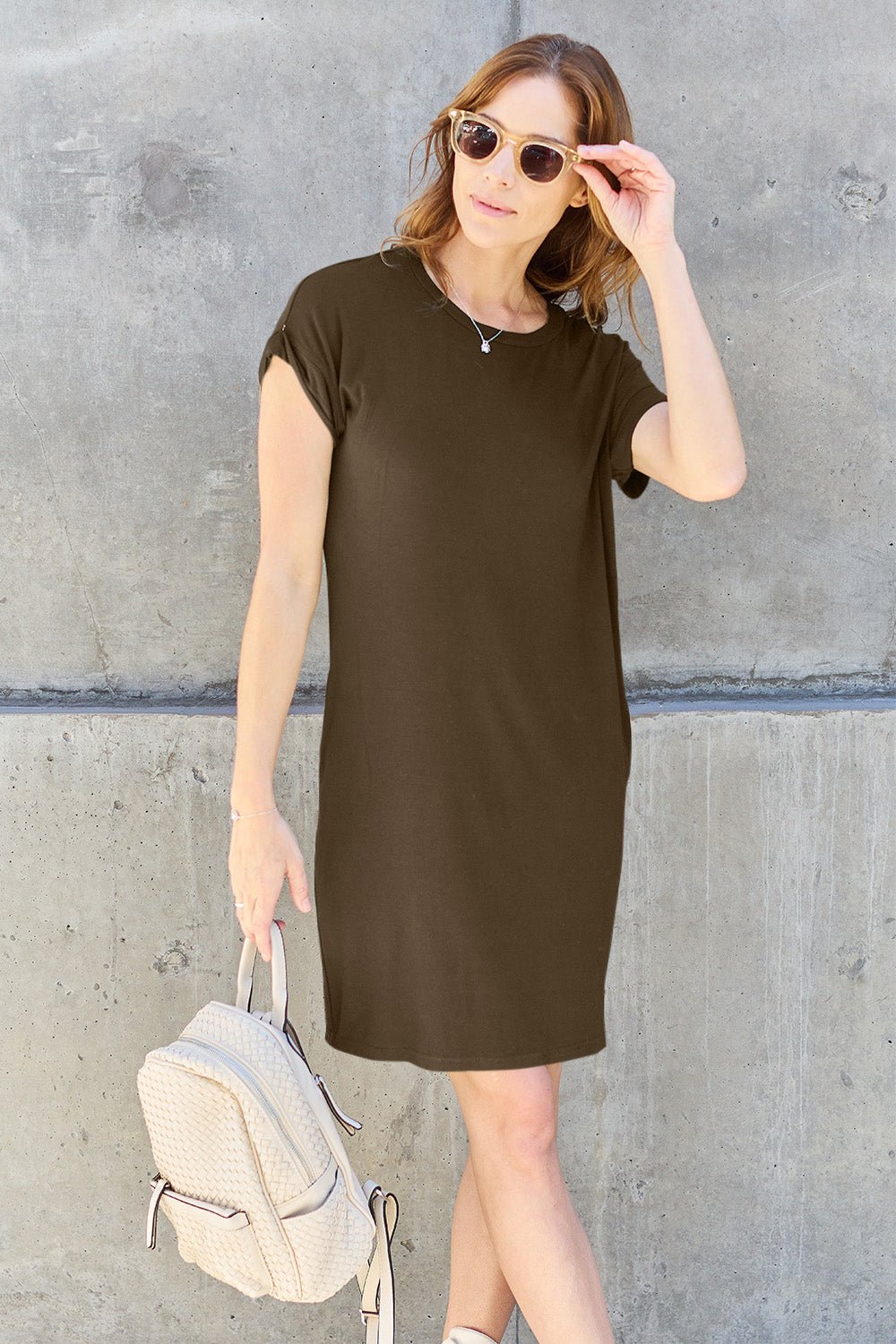 Basic Bae Full Size Round Neck Short Sleeve Dress with Pockets - The Coin Has A Say