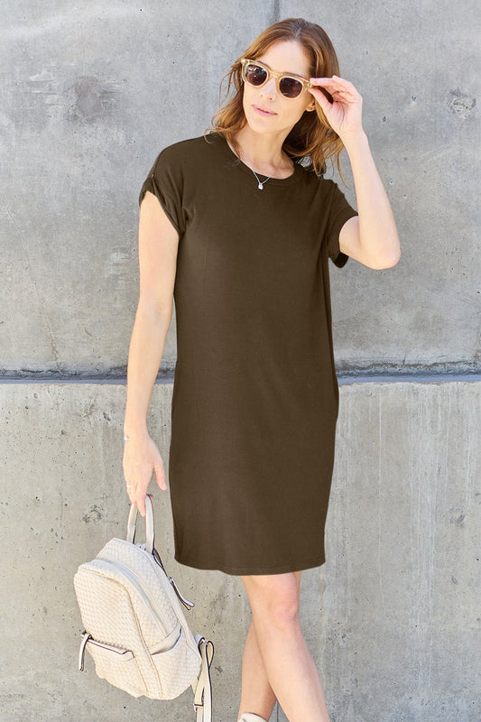 Basic Bae Full Size Round Neck Short Sleeve Dress with Pockets - The Coin Has A Say