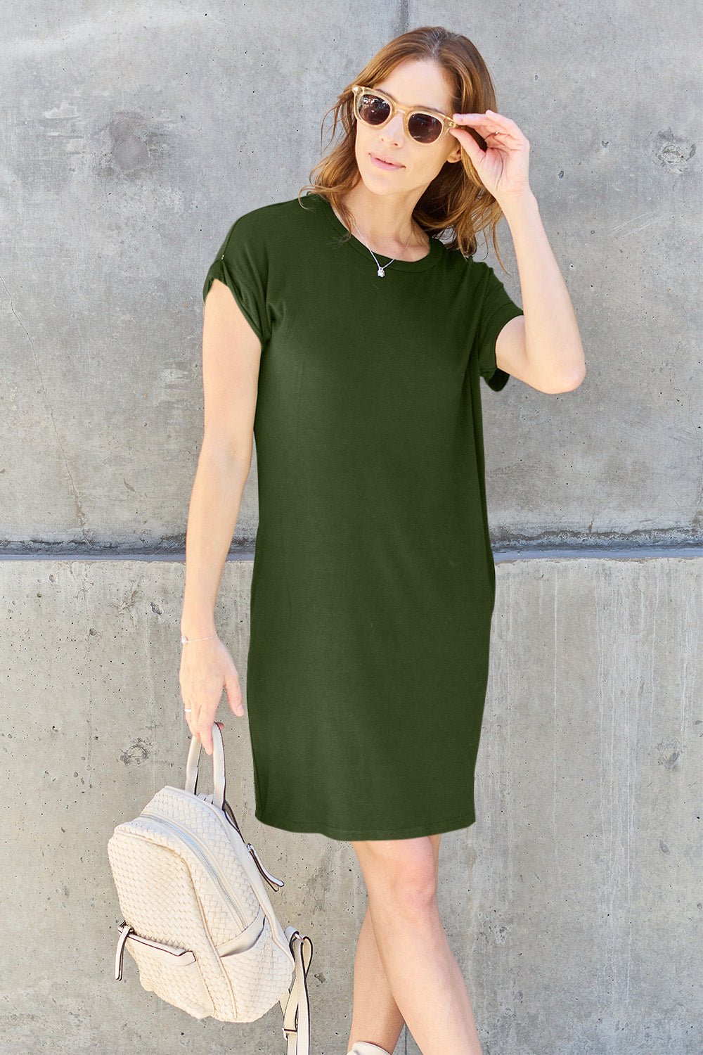 Basic Bae Full Size Round Neck Short Sleeve Dress with Pockets - The Coin Has A Say