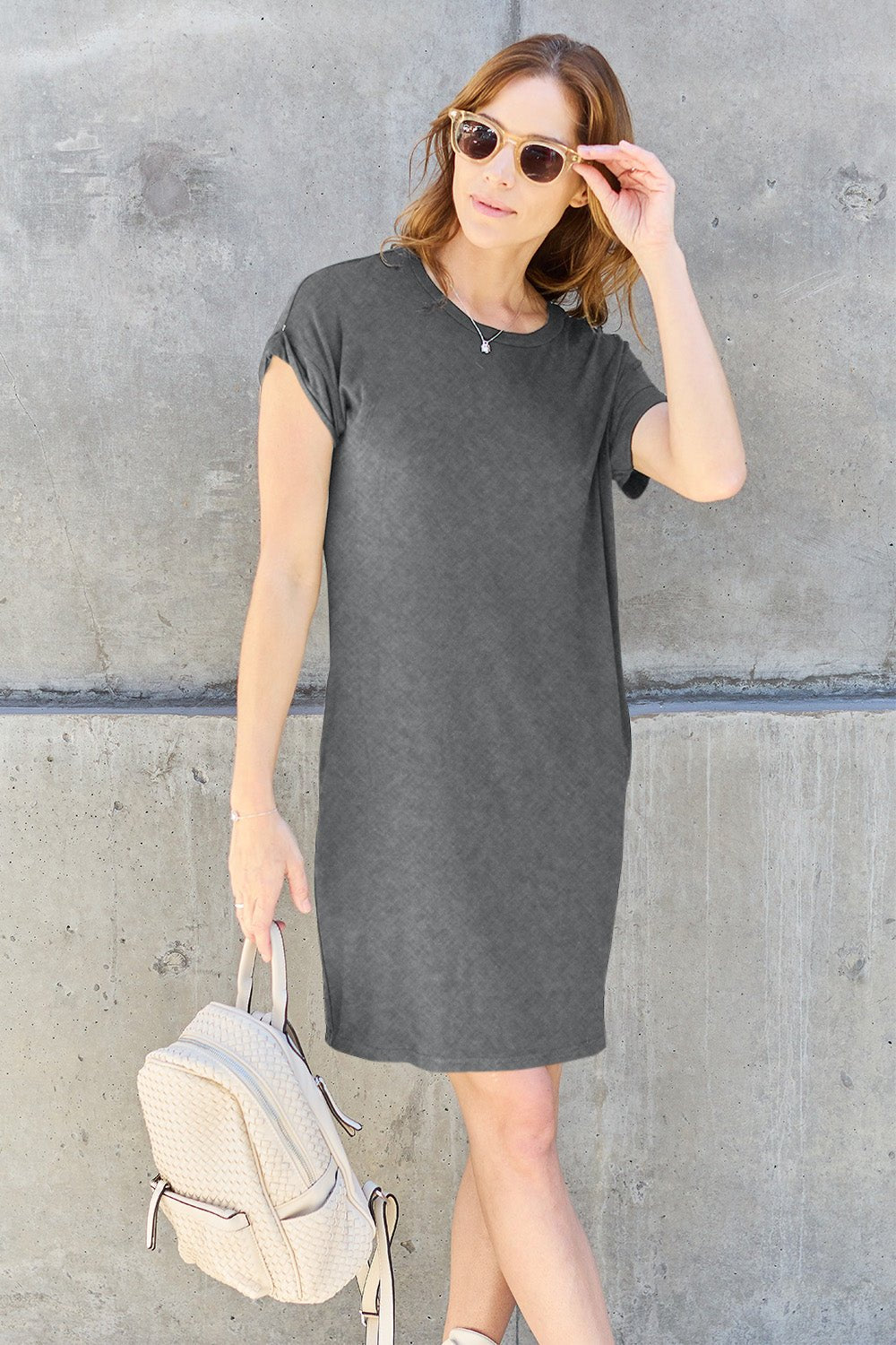 Basic Bae Full Size Round Neck Short Sleeve Dress with Pockets - The Coin Has A Say