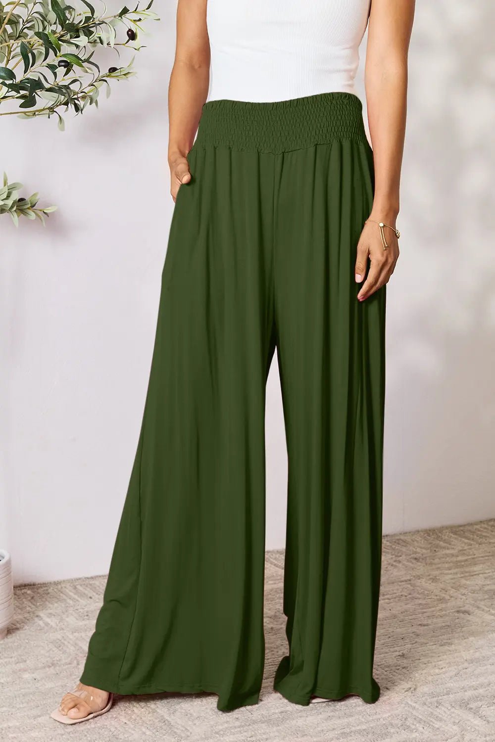 Basic Bae Full Size Smocked Wide Waistband Wide Leg Pants - The Coin Has A Say