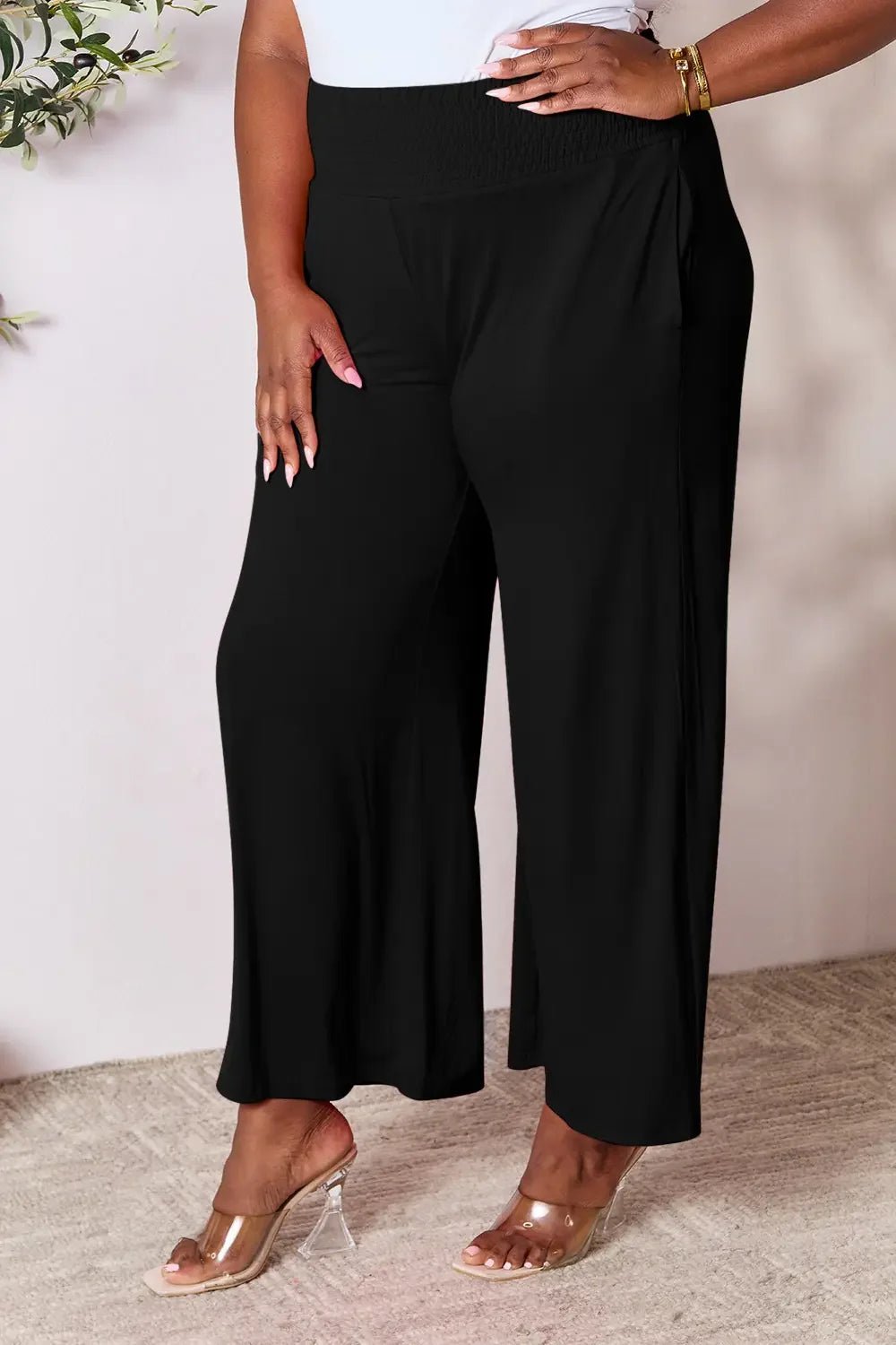 Basic Bae Full Size Smocked Wide Waistband Wide Leg Pants - The Coin Has A Say