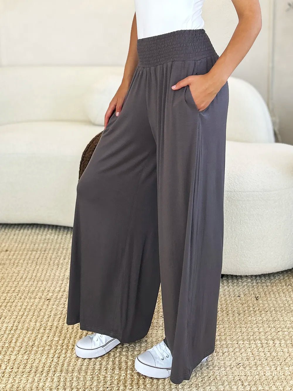 Basic Bae Full Size Smocked Wide Waistband Wide Leg Pants - The Coin Has A Say