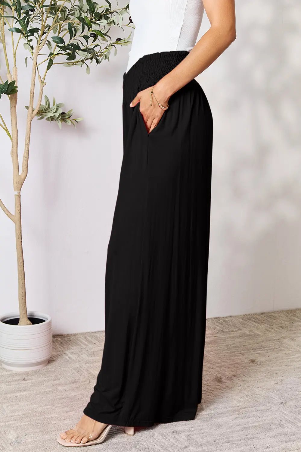 Basic Bae Full Size Smocked Wide Waistband Wide Leg Pants - The Coin Has A Say