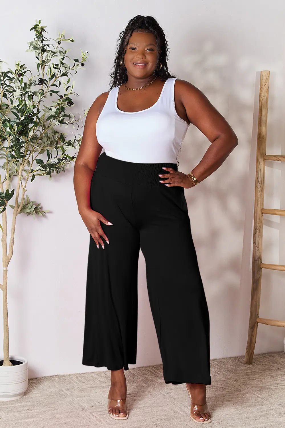Basic Bae Full Size Smocked Wide Waistband Wide Leg Pants - The Coin Has A Say