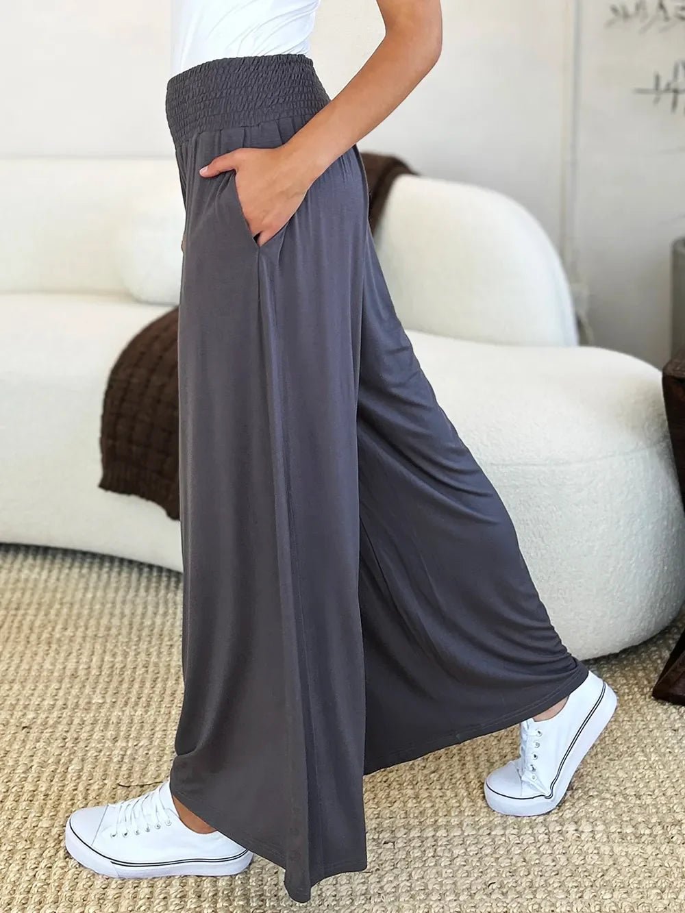 Basic Bae Full Size Smocked Wide Waistband Wide Leg Pants - The Coin Has A Say