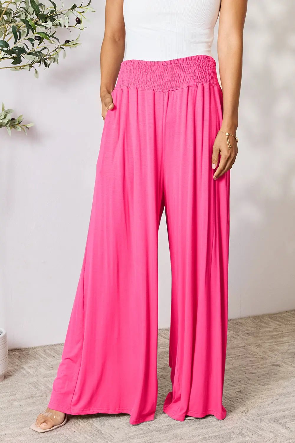 Basic Bae Full Size Smocked Wide Waistband Wide Leg Pants - The Coin Has A Say