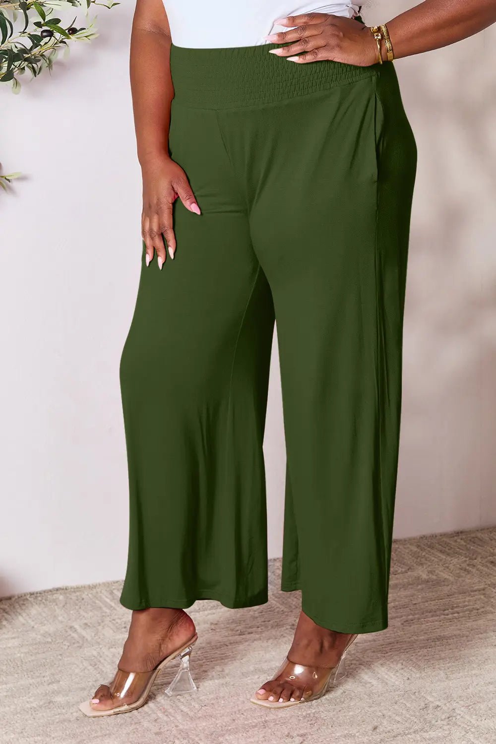 Basic Bae Full Size Smocked Wide Waistband Wide Leg Pants - The Coin Has A Say