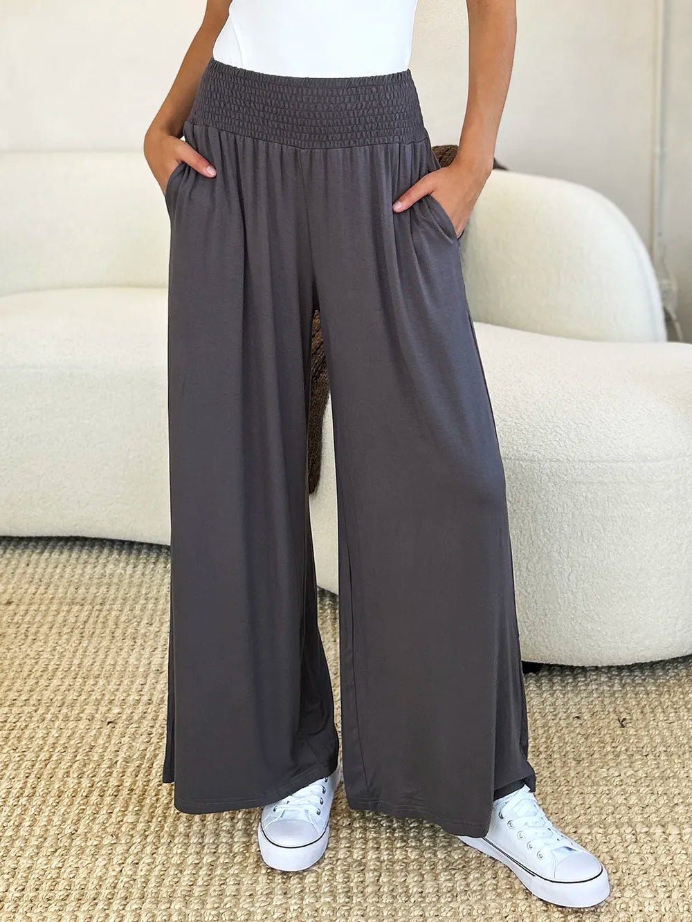 Basic Bae Full Size Smocked Wide Waistband Wide Leg Pants - The Coin Has A Say