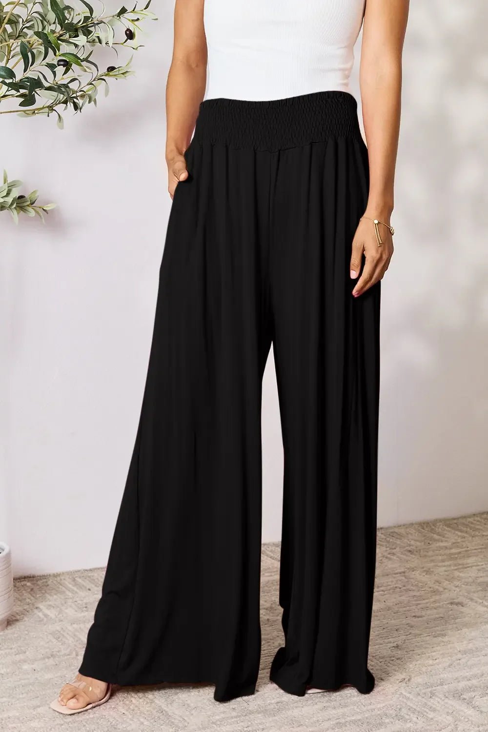 Basic Bae Full Size Smocked Wide Waistband Wide Leg Pants - The Coin Has A Say