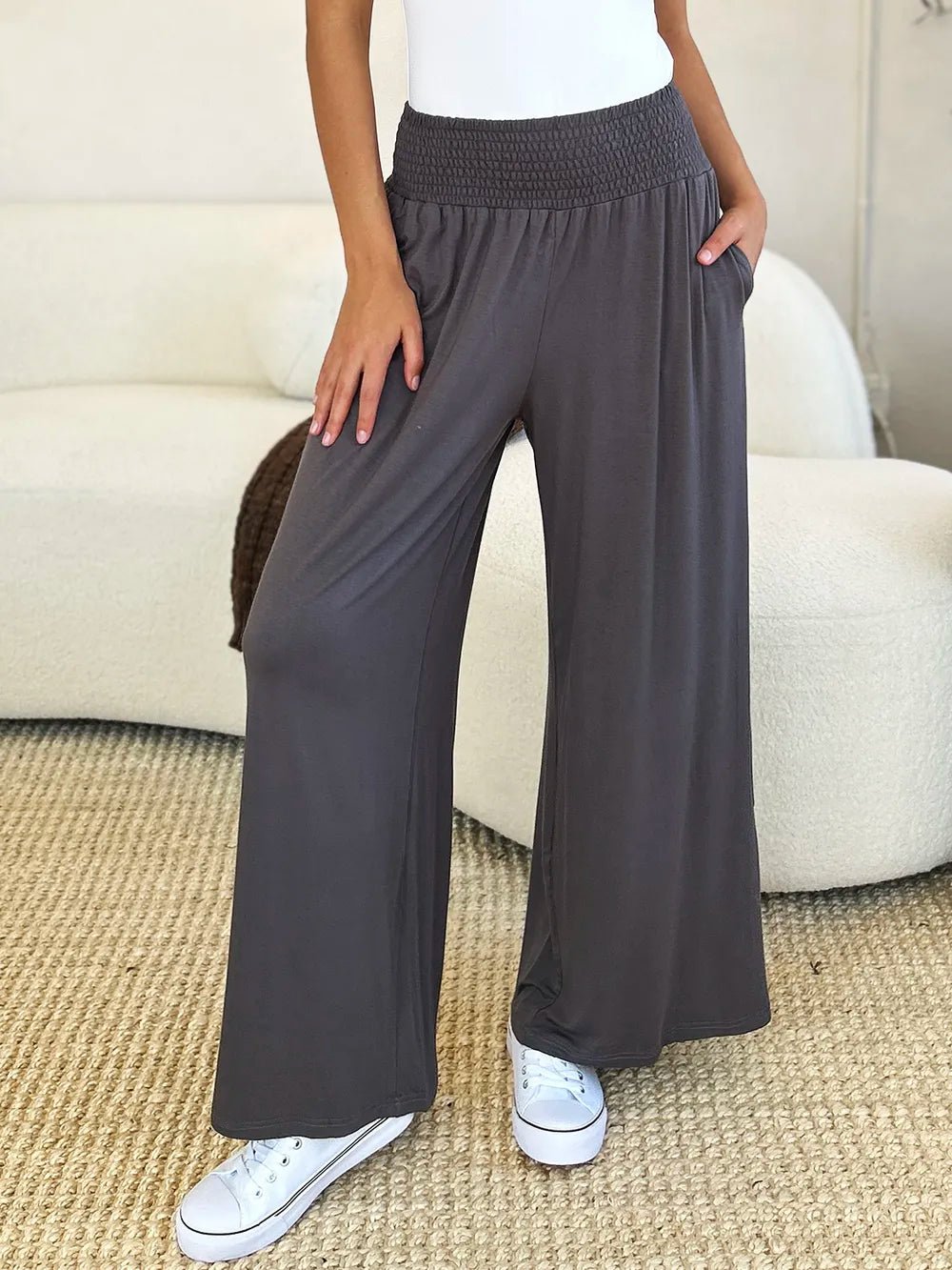 Basic Bae Full Size Smocked Wide Waistband Wide Leg Pants - The Coin Has A Say
