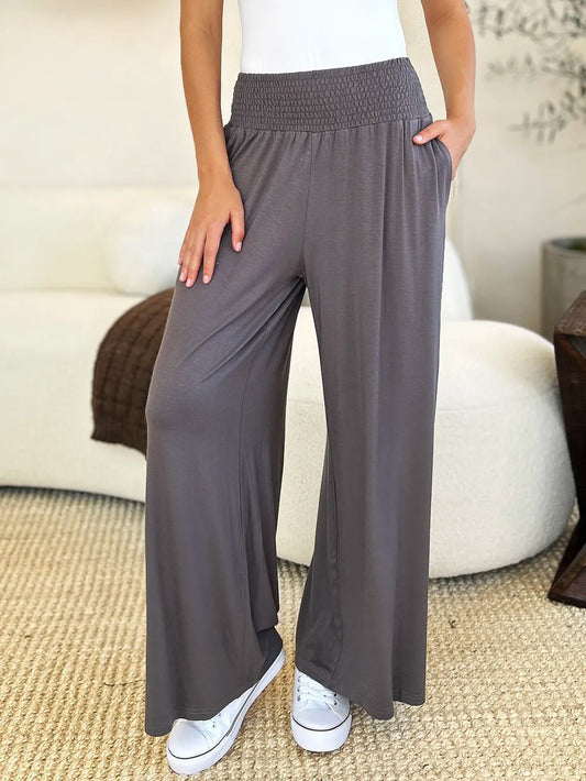 Basic Bae Full Size Smocked Wide Waistband Wide Leg Pants - The Coin Has A Say