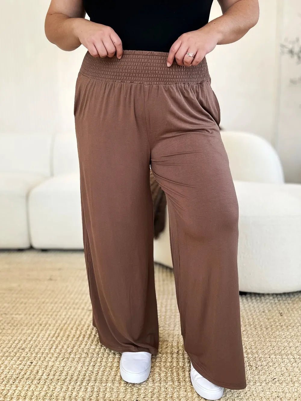 Basic Bae Full Size Smocked Wide Waistband Wide Leg Pants - The Coin Has A Say