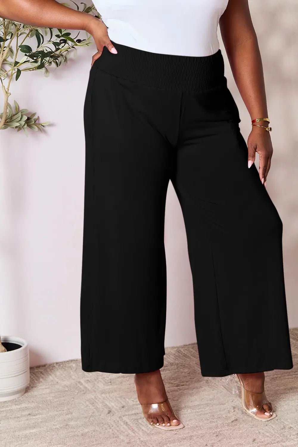 Basic Bae Full Size Smocked Wide Waistband Wide Leg Pants - The Coin Has A Say