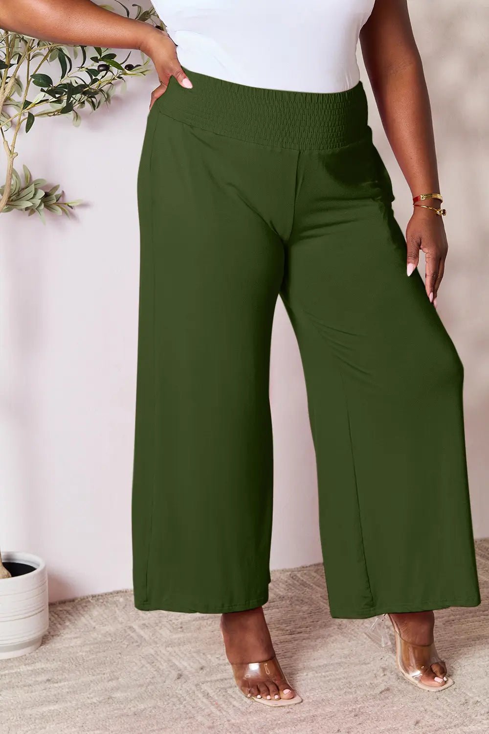 Basic Bae Full Size Smocked Wide Waistband Wide Leg Pants - The Coin Has A Say