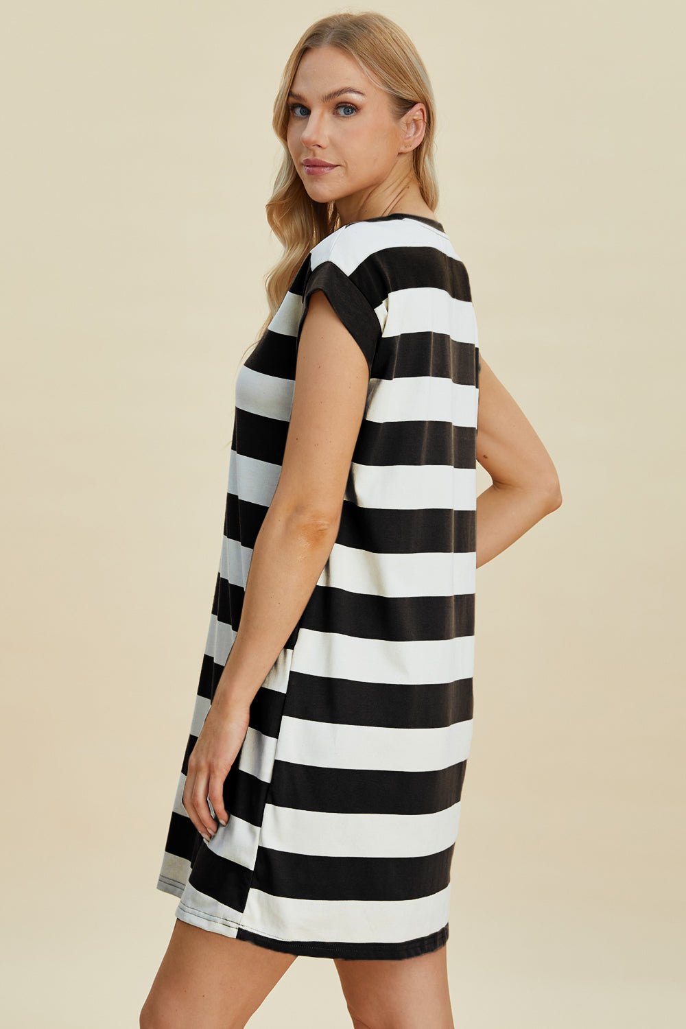 Basic Bae Full Size Striped Round Neck Cap Sleeve Mini Dress - The Coin Has A Say