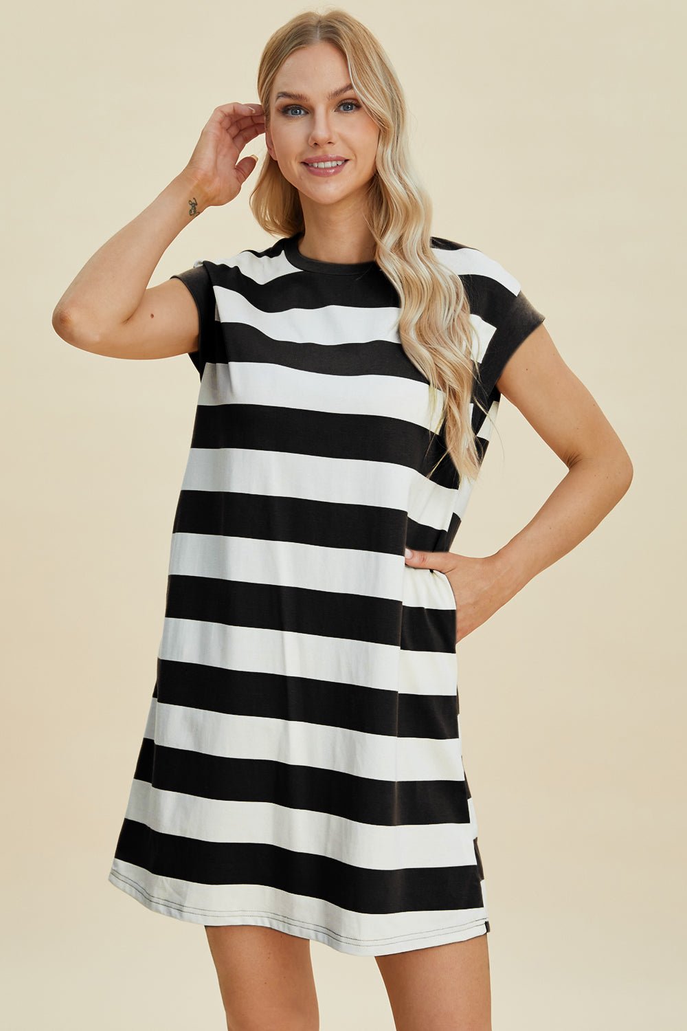 Basic Bae Full Size Striped Round Neck Cap Sleeve Mini Dress - The Coin Has A Say