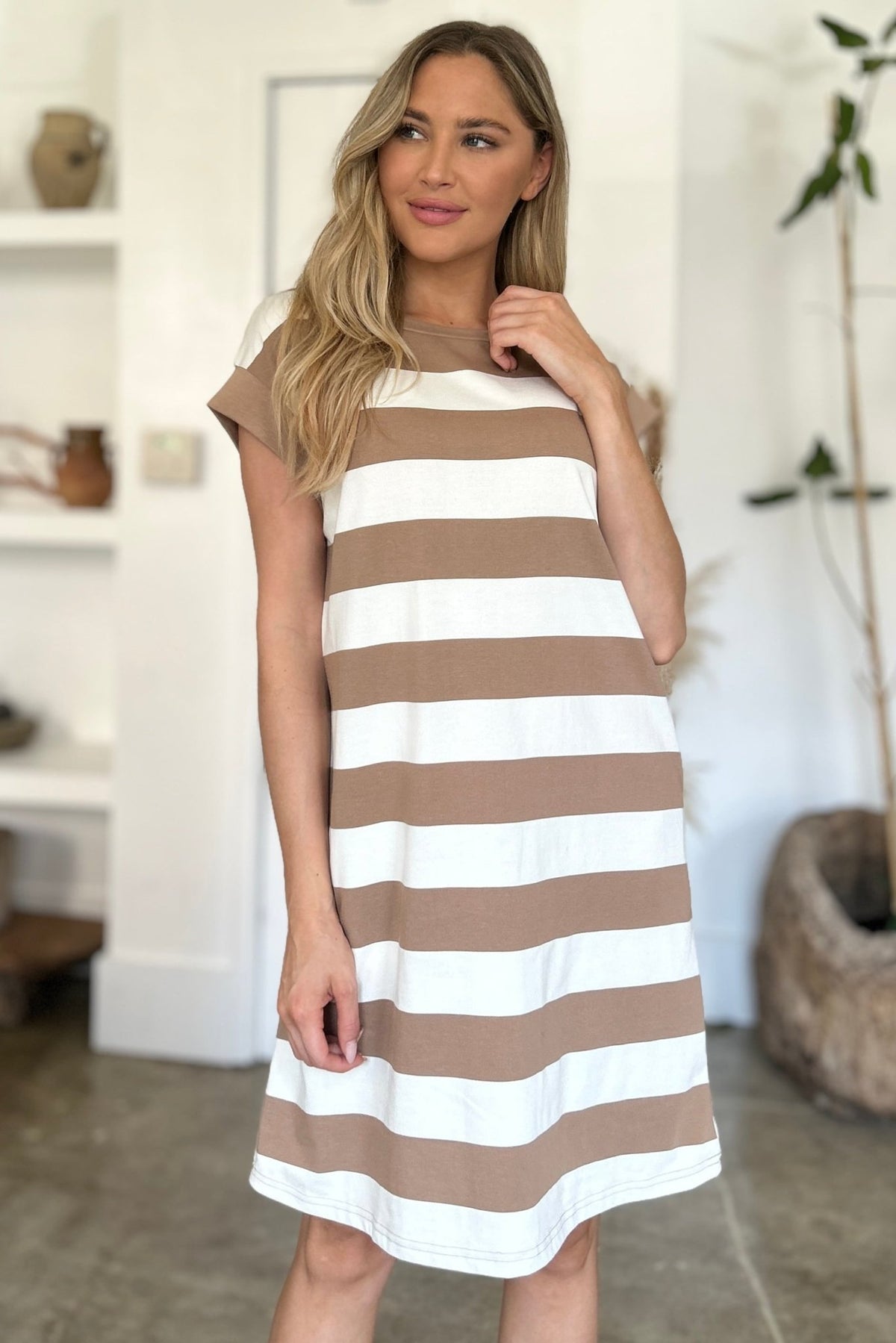 Basic Bae Full Size Striped Round Neck Cap Sleeve Mini Dress - The Coin Has A Say
